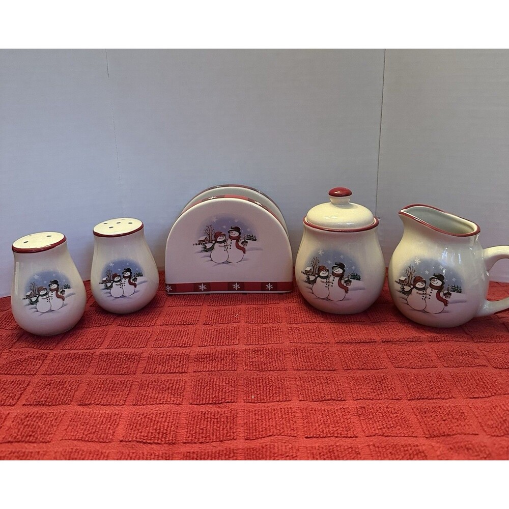Vintage Royal Seasons 5pc Winter Wishes Table Set Snowmen Creamer Sugar Box